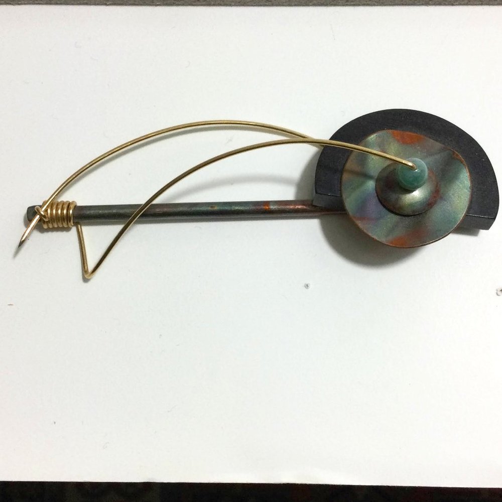 Metal, Wood and Gemstone Brooch
